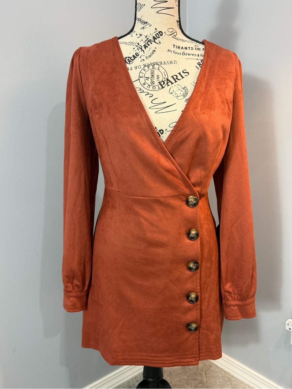 Lulu's Burnt Orange Button-Down Wrap Mini Dress
